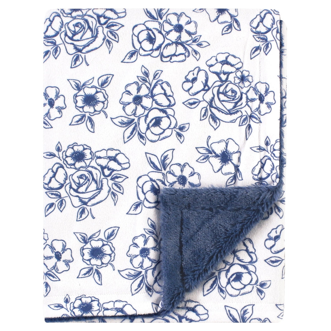 Floral patterned blanket with blue flowers on a white background