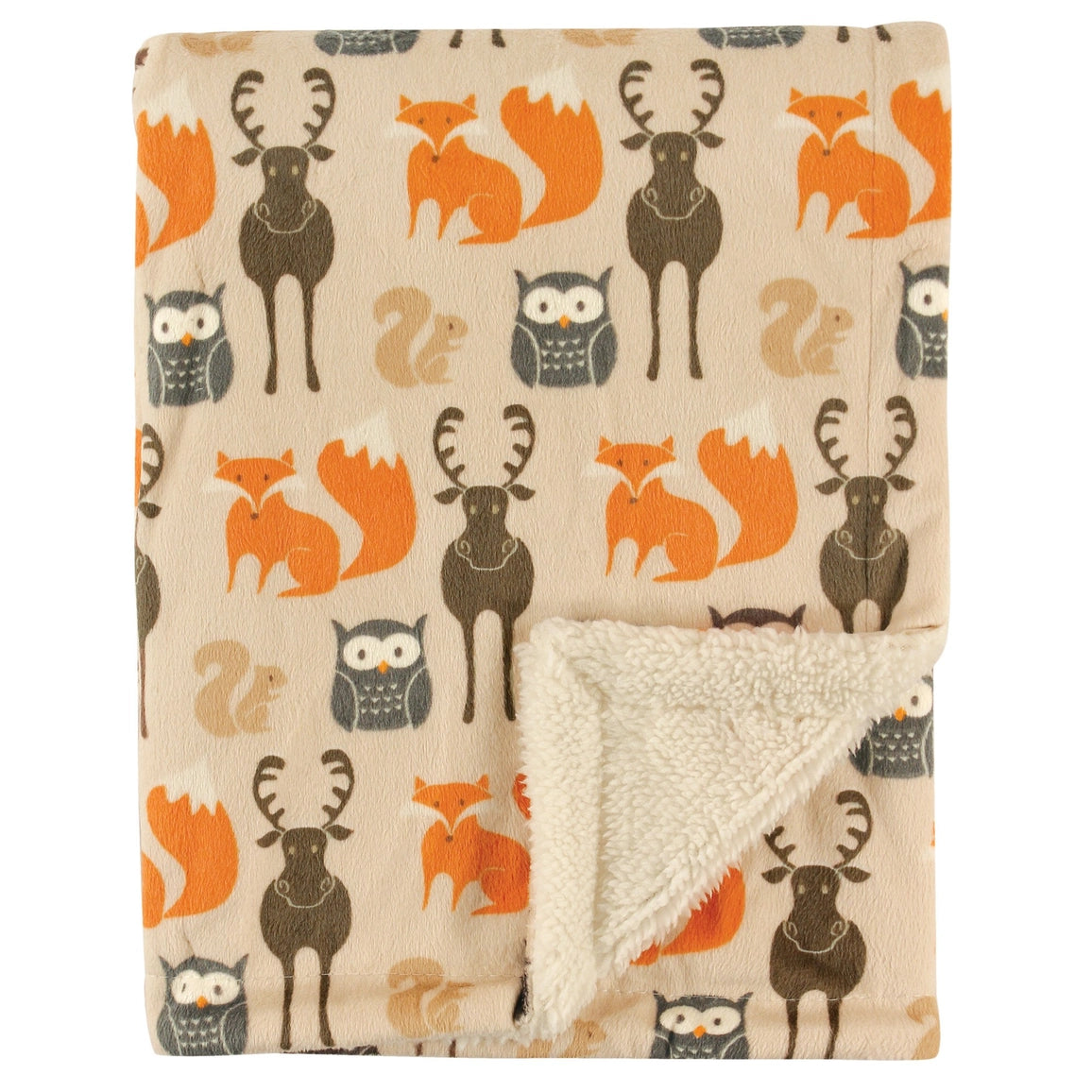 Blanket with forest animal pattern featuring foxes, deer, and owls on a beige background.