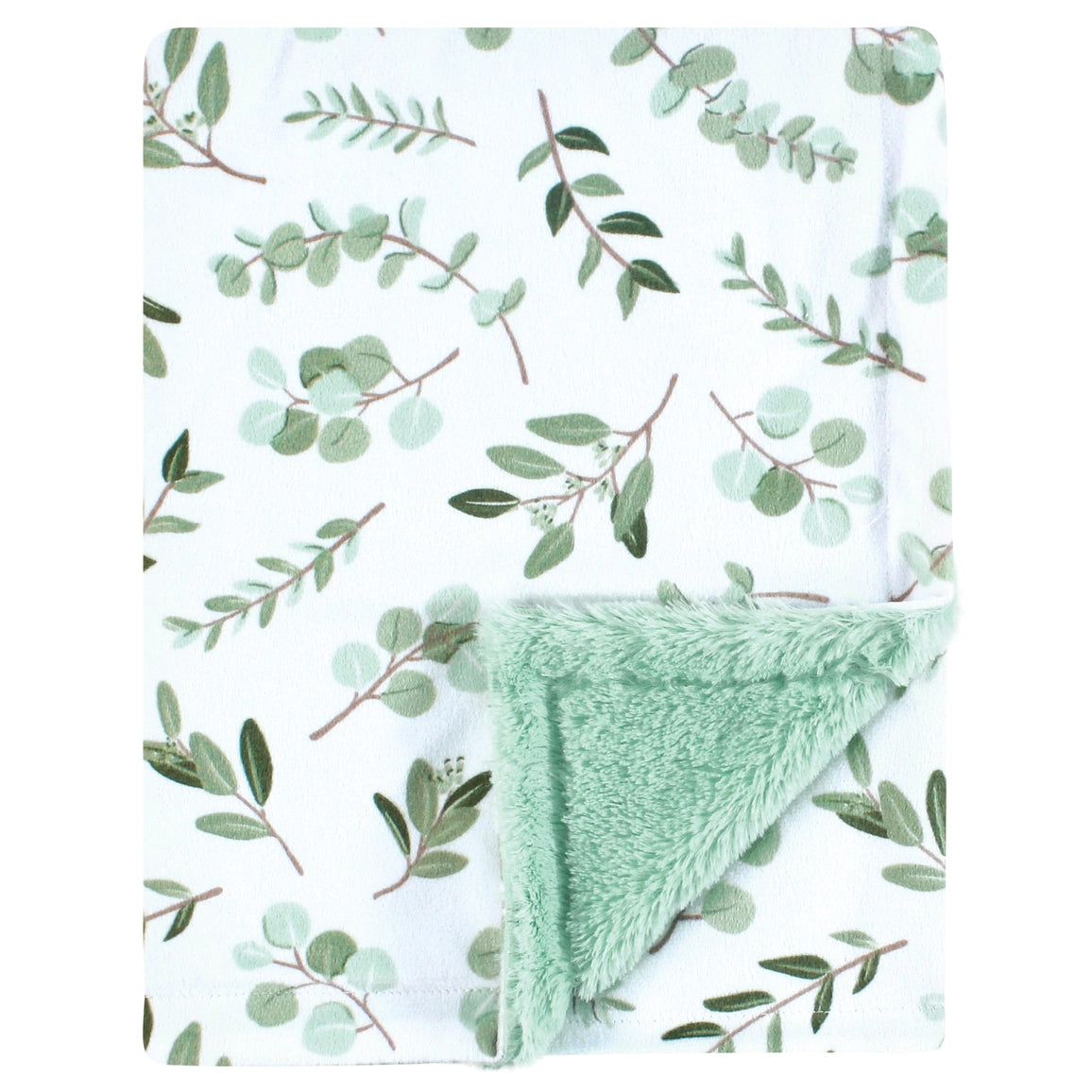 Green textured fabric on a white background with green leaf pattern
