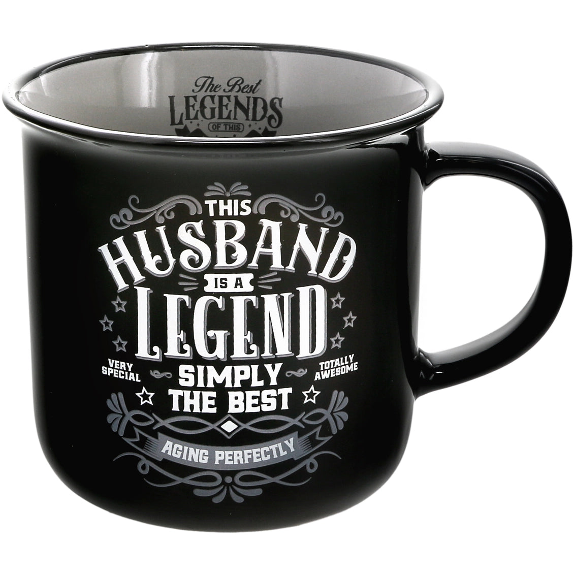 Black mug with white text husband is a legend