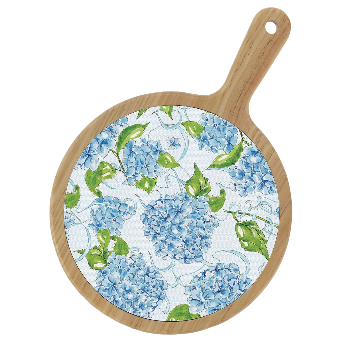 Round wooden cutting board with floral pattern on a white background