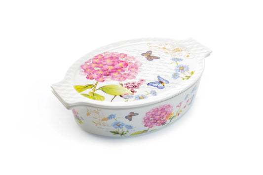 Hydrangea with Butterflies 1.4 Qt. 3-in-1 Oval Baking Dish with Lid