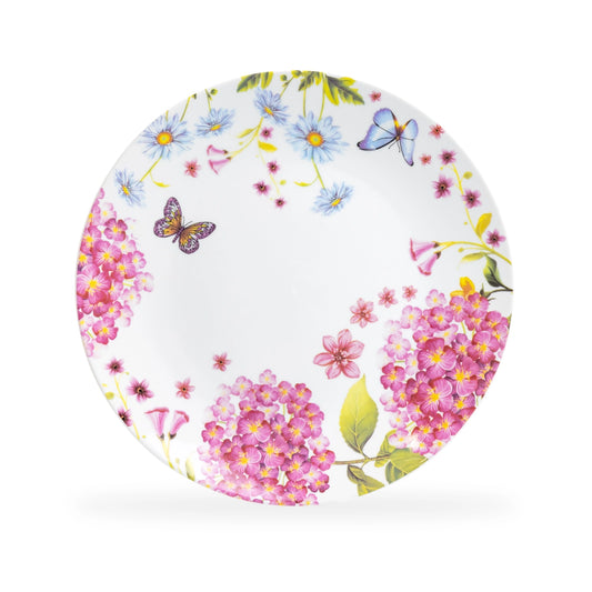 Decorative plate with floral and butterfly design on a white background