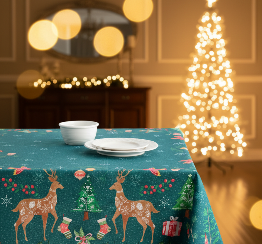 Christmas-themed tablecloth with reindeer, trees, and presents on a teal background.