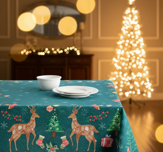 Christmas-themed tablecloth with reindeer, trees, and presents on a teal background.