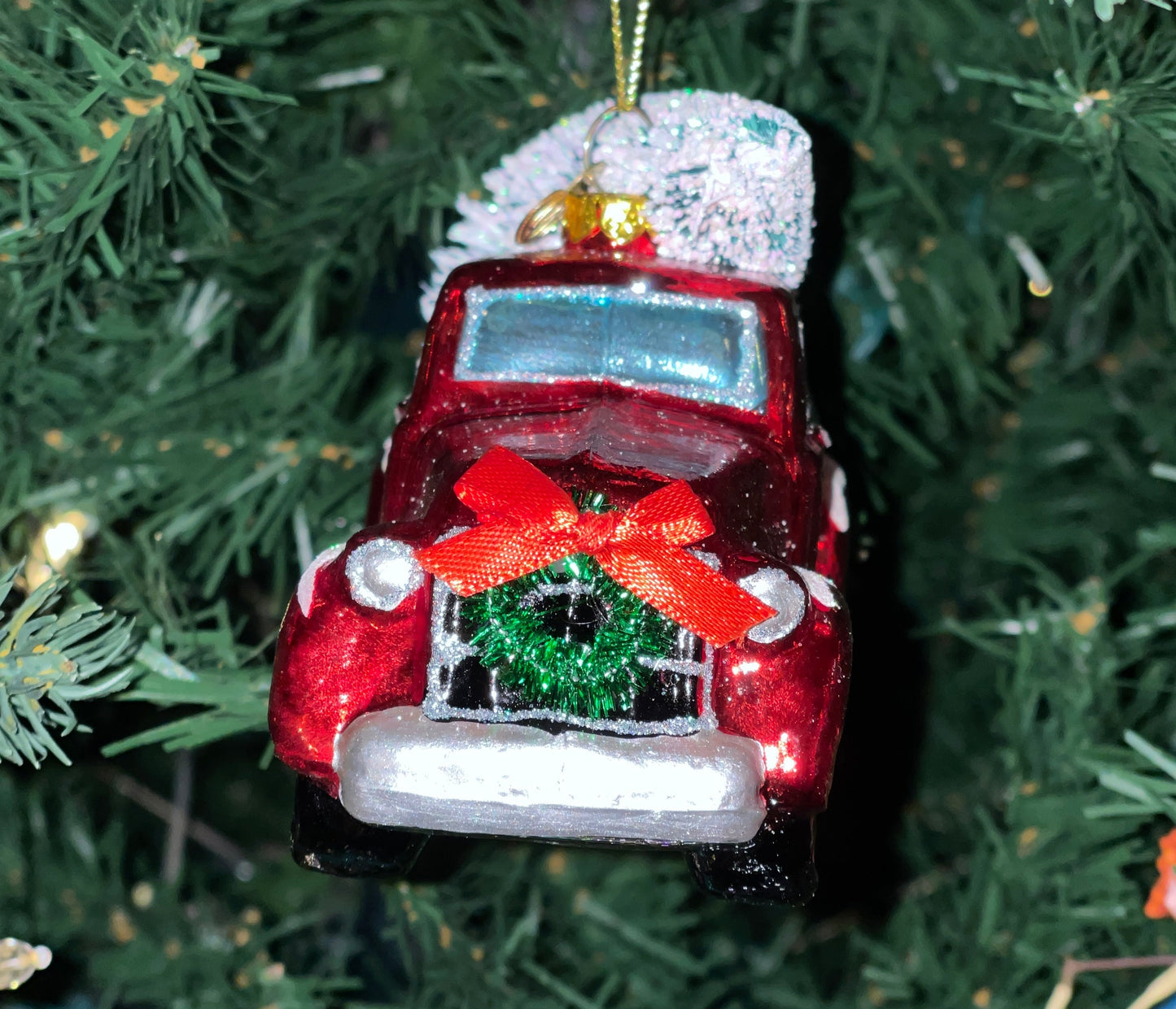 Traditional Glass Red Truck Ornament with Tree