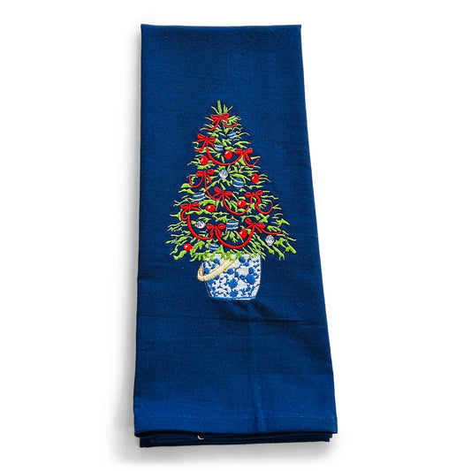 Christmas Tree with Red Ribbon Navy Kitchen Towel