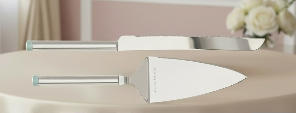 Two silver cake knives on a light background