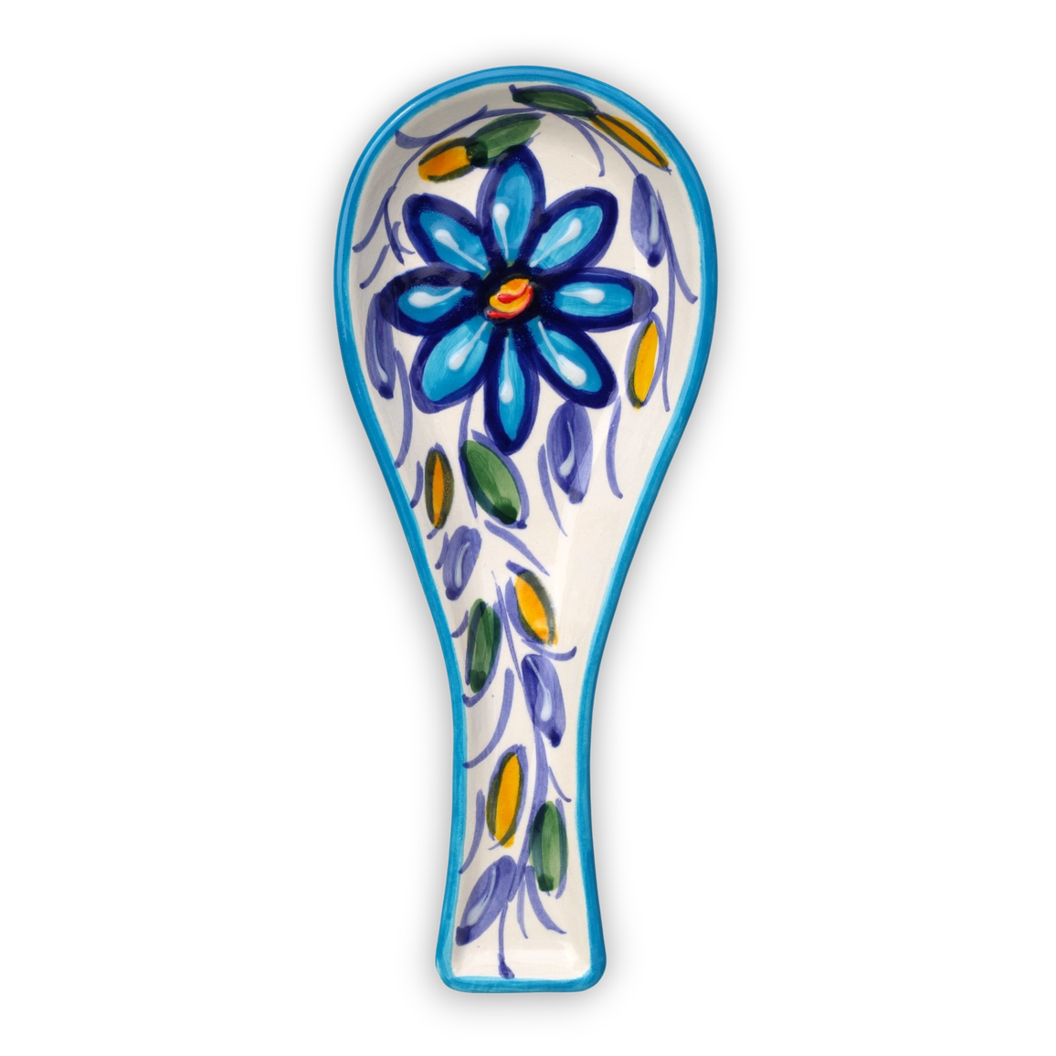 A ceramic spoon rest with a hand-painted floral design, featuring a large blue flower with an orange center and trailing blue, purple, green, and yellow vines on a white background, set against a solid white backdrop.