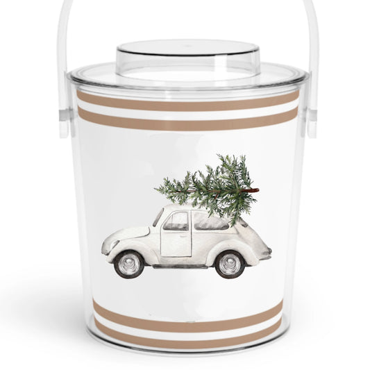 Ice cream bucket with a vintage car and Christmas tree design on a white background