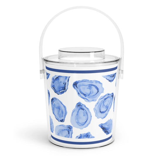 Ice bucket with blue oyster shell pattern on a white background