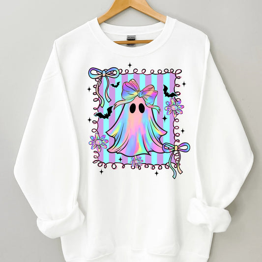 White sweatshirt with a colorful ghost design on a gray background