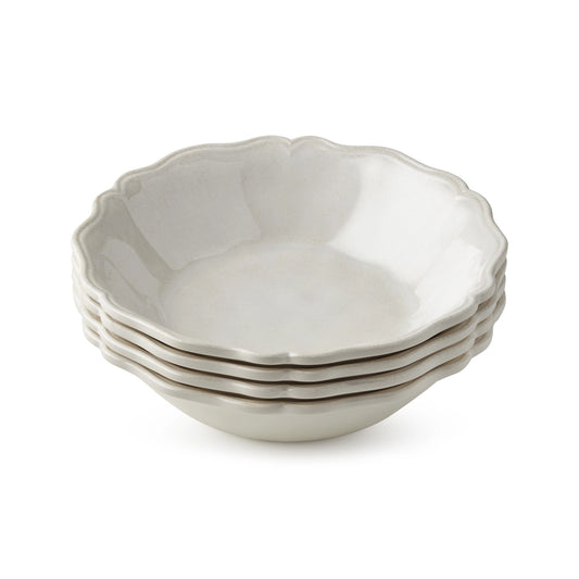 Set of four light gray ceramic bowls on a white background