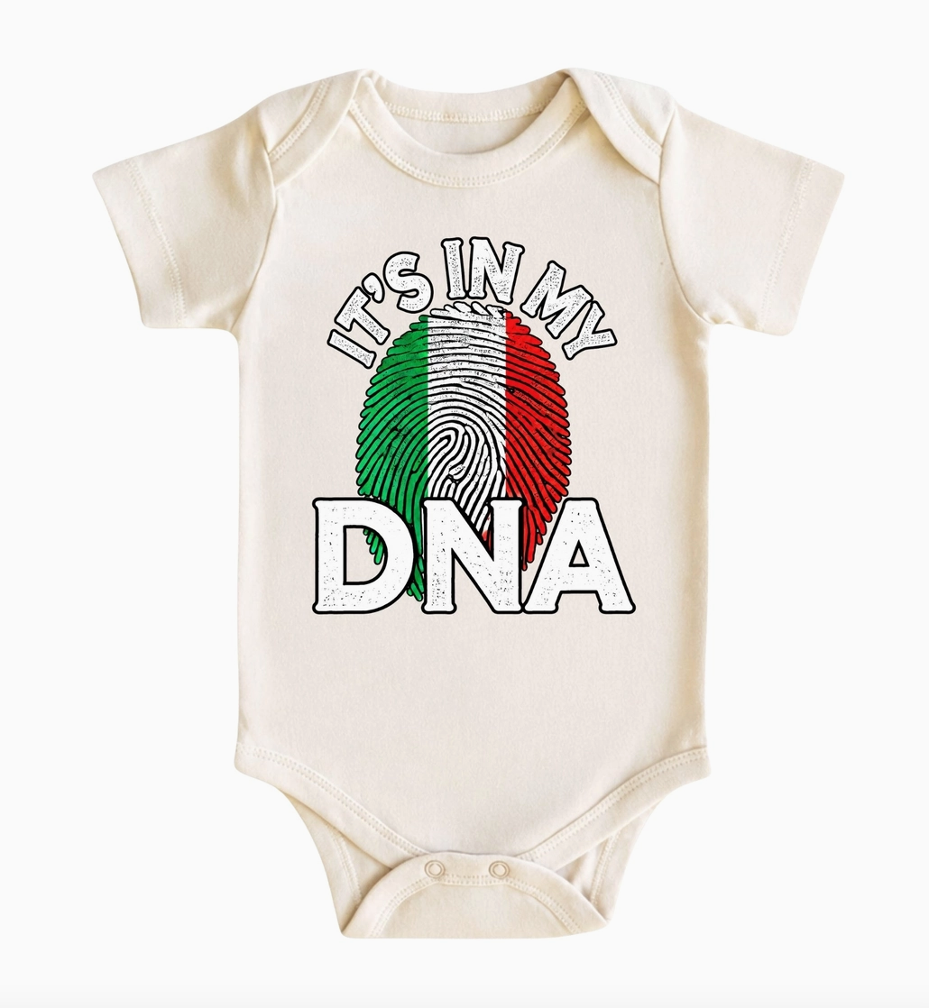 Natural cream Italian baby bodysuit featuring It's in My DNA lettering and a fingerprint illustration in green, white, and red Italian flag colors.