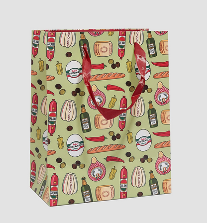 Gift bag with Italian food and drink pattern on a light gray background