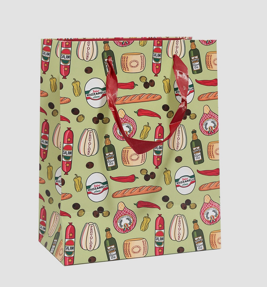 Gift bag with Italian food and drink pattern on a light gray background