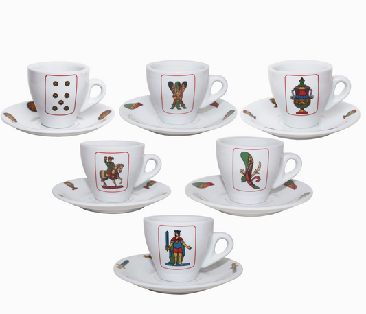 Set of six ceramic coffee cups and saucers with decorative designs on a white background