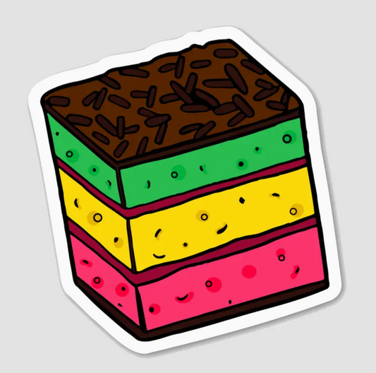 Colorful layered cake illustration on a gray background