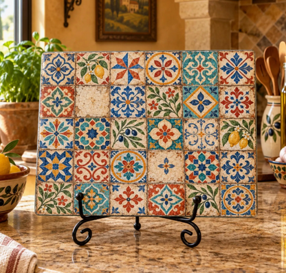 Italian Mediterranean tile glass cutting board with colorful lemon olive and floral patterns displayed in a Tuscan-style kitchen