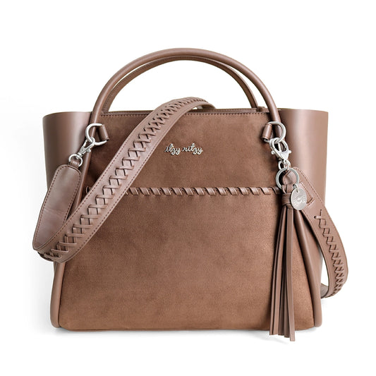 Brown handbag with braided strap and tassel on a white background