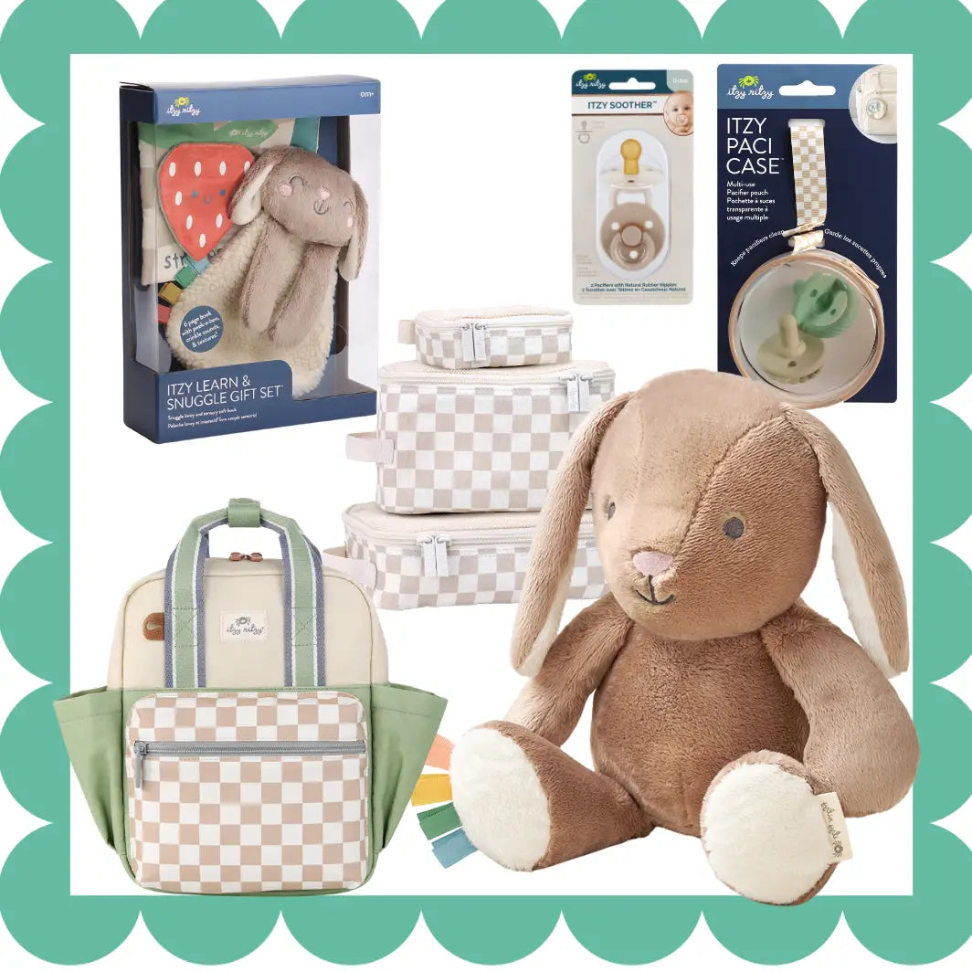 Collage of baby products including a plush bunny, bags, and pacifier case on a green border.