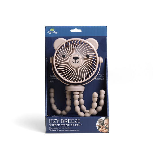 Itzy Breeze 3-speed stroller fan packaging with bear design on a white background