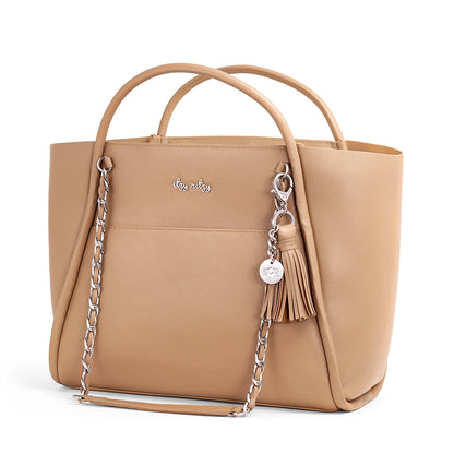 Beige handbag with chain detail and tassel on a white background