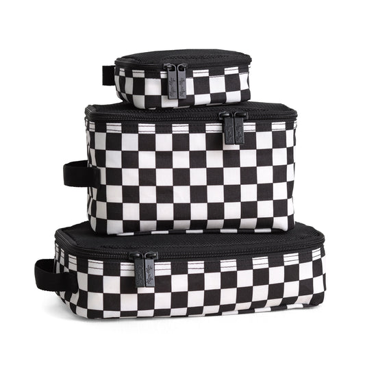 Set of three black and white checkered bags stacked on a white background