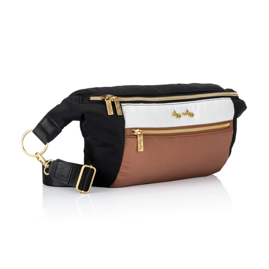 Black and brown waist bag with gold zippers on a white background
