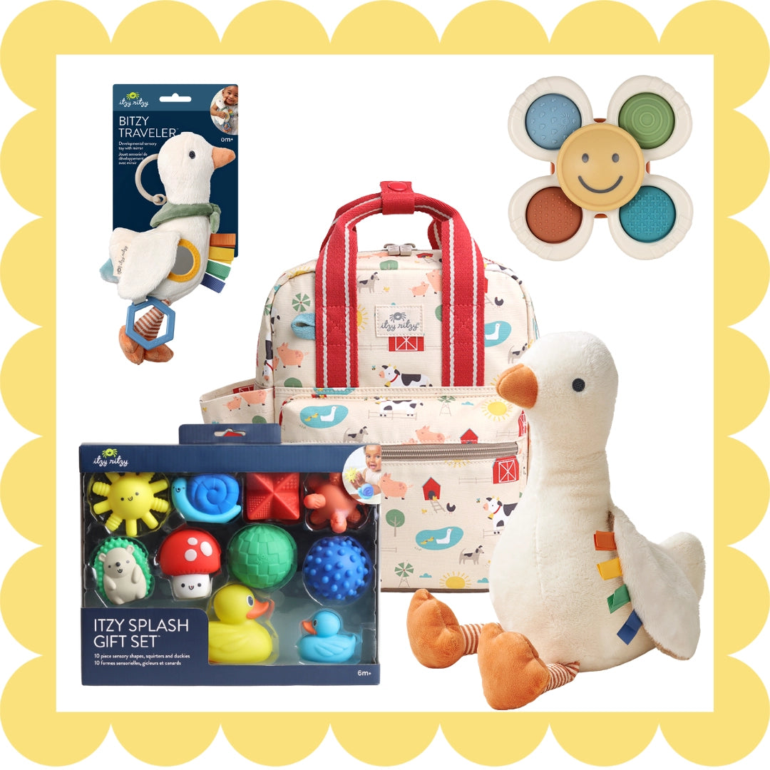 Collection of baby toys and a diaper bag on a white background with a yellow border.