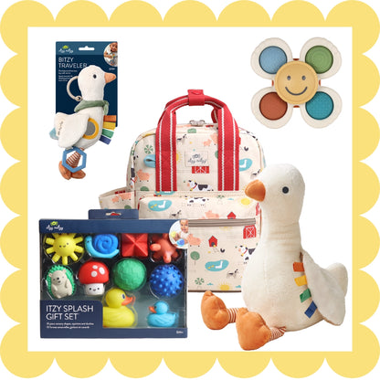 Collection of baby toys and a diaper bag on a white background with a yellow border.