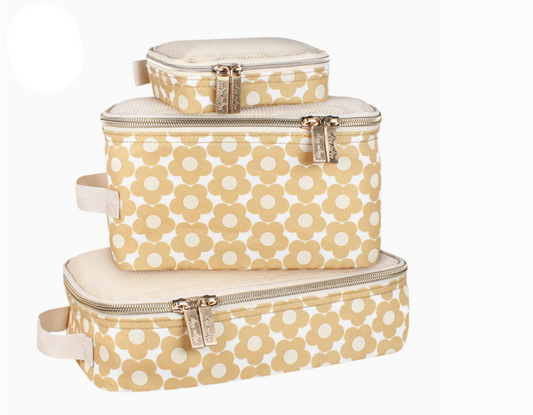 Set of three floral-patterned cosmetic bags on a white background