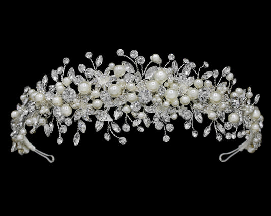 Pearl and crystal tiara on a black background