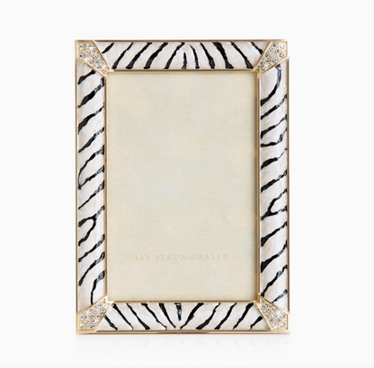 Jay Strongwater Lavinia Zebra 4x6 frame with hand-enameled black and ivory zebra stripes, 14K gold plating and European crystal corners