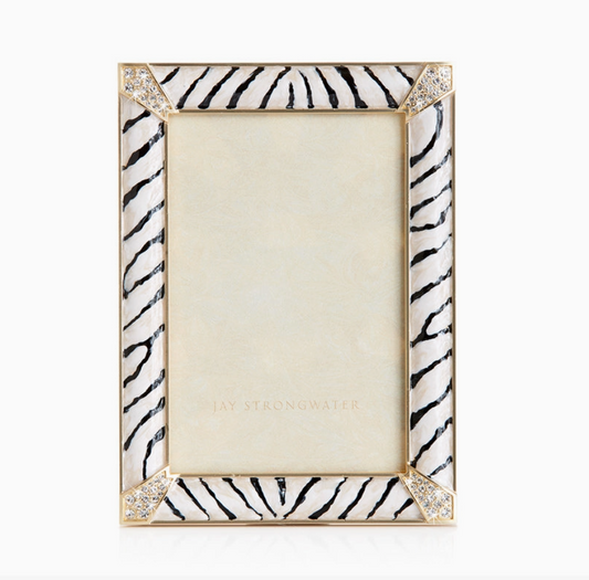 Jay Strongwater Lavinia Zebra 4x6 frame with hand-enameled black and ivory zebra stripes, 14K gold plating and European crystal corners