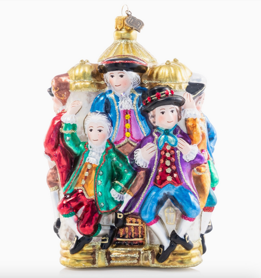 Jay Strongwater 10 Lords-A-Leaping 12 Days of Christmas glass ornament with ten lords in colorful period costumes and Swarovski crystal accents