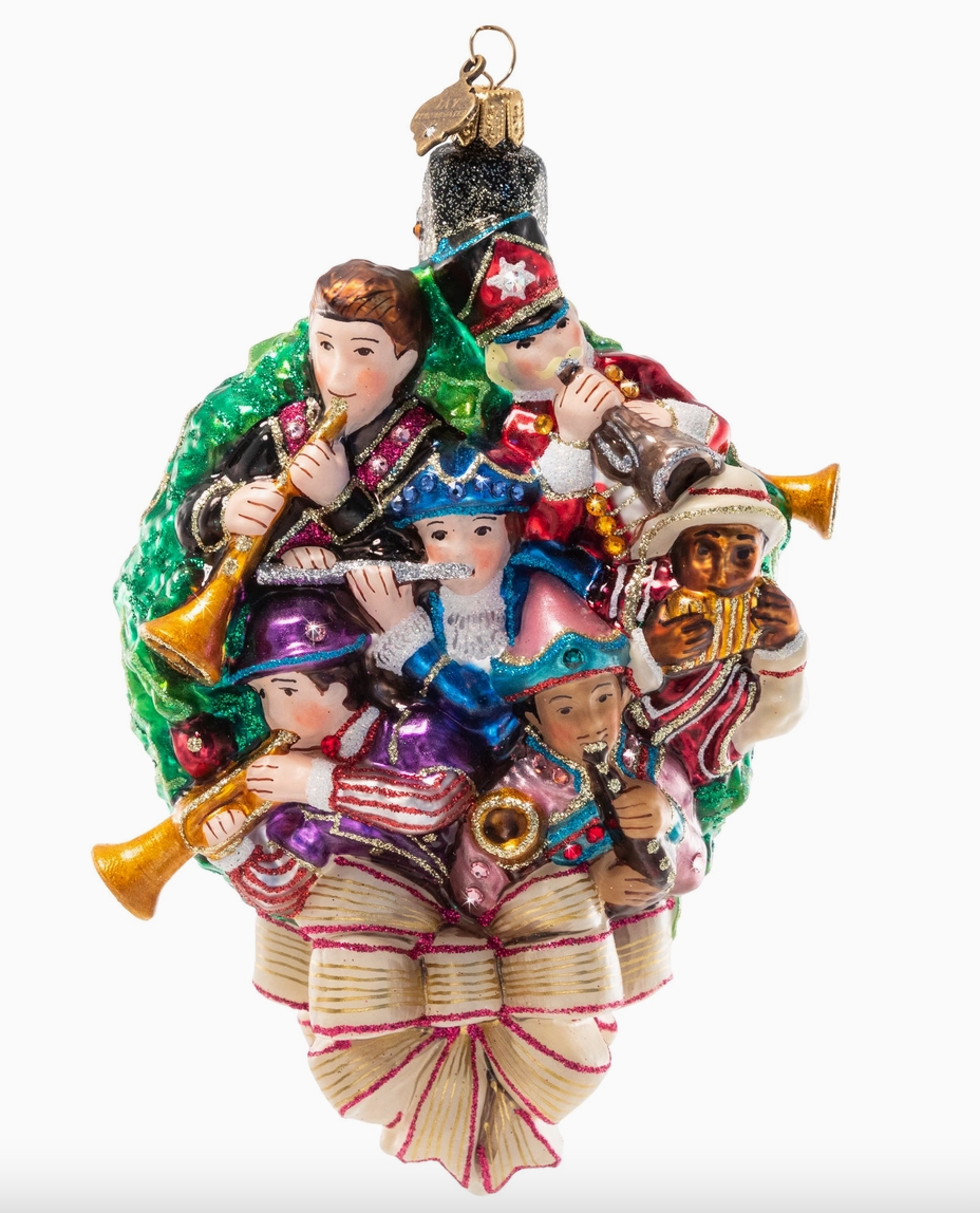Jay Strongwater 11 Pipers Piping glass Christmas ornament featuring colorful sculpted musicians with pipes, glitter and Swarovski crystal accents
