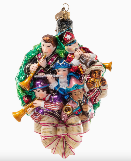 Jay Strongwater 11 Pipers Piping glass Christmas ornament featuring colorful sculpted musicians with pipes, glitter and Swarovski crystal accents