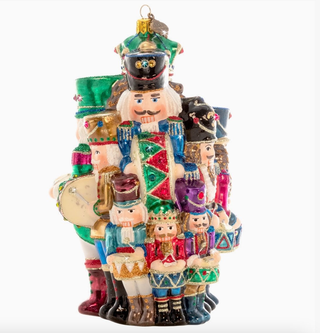 Jay Strongwater 12 Drummers Drumming glass Christmas ornament with twelve colorful nutcracker drum majors, glitter and Swarovski crystal accents