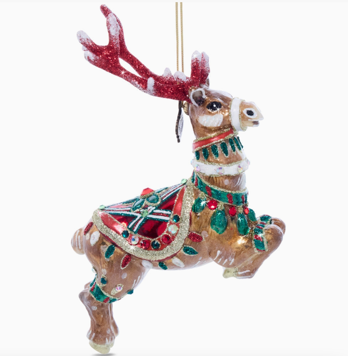 Jay Strongwater Comet glass reindeer Christmas ornament handcrafted in Poland with glitter and European crystal accents