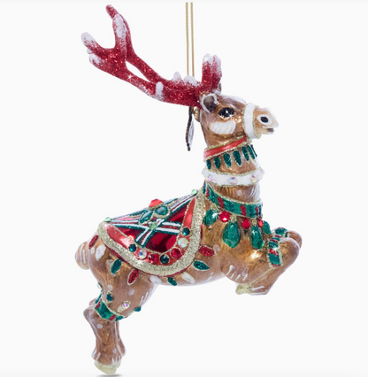 Jay Strongwater Comet glass reindeer Christmas ornament handcrafted in Poland with glitter and European crystal accents