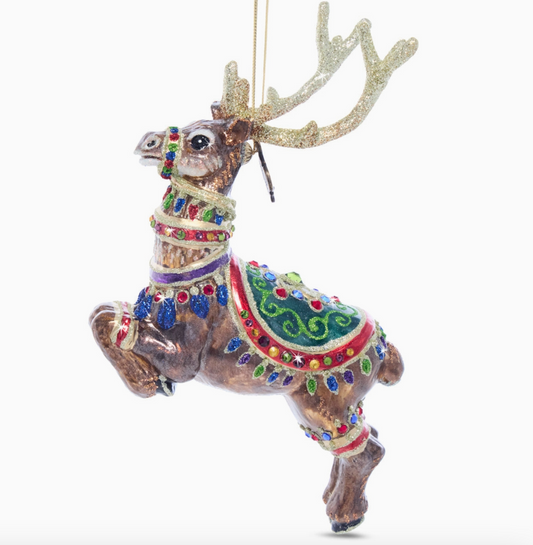 Jay Strongwater Dasher glass reindeer Christmas ornament with emerald green saddle, jeweled details and glittered ivory antlers