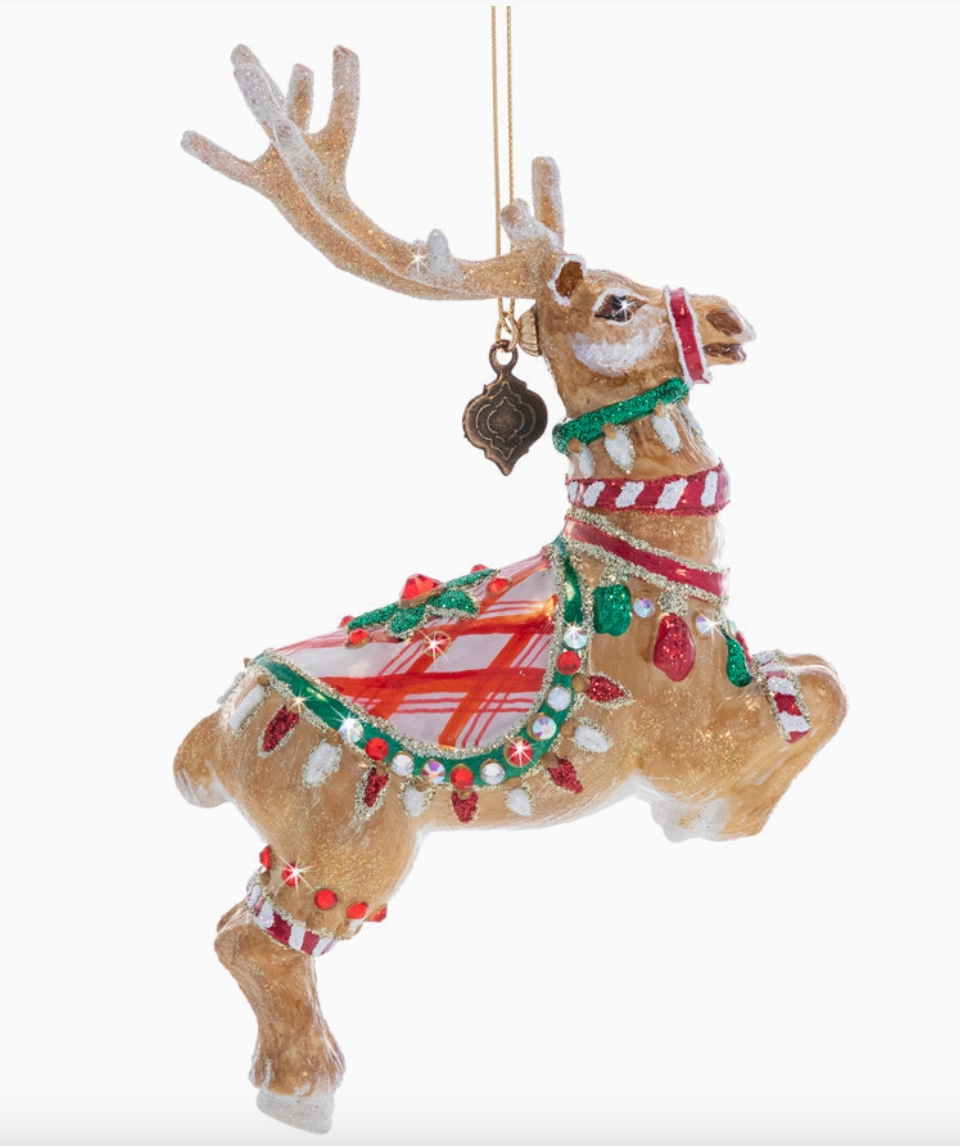 Jay Strongwater Donner glass reindeer Christmas ornament with red plaid saddle and Swarovski crystal embellishments