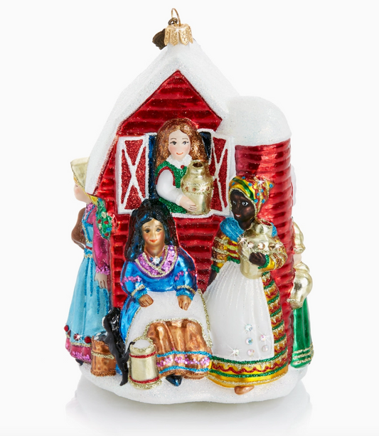 Jay Strongwater Eight Maids-A-Milking 12 Days of Christmas glass ornament with colorful maids gathered around a snow-covered red barn