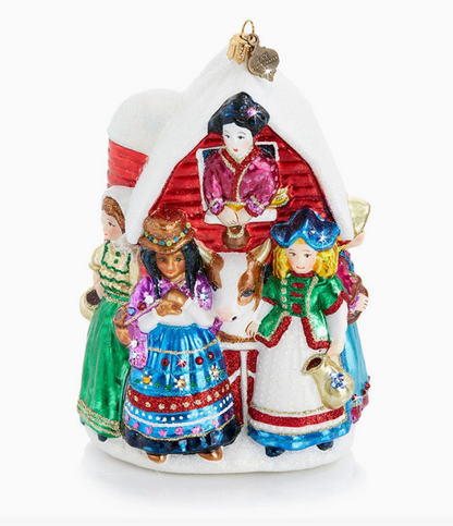 Jay Strongwater Eight Maids-A-Milking glass ornament with hand-painted figures, snowy barn, glitter and Swarovski crystal details