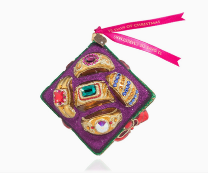 Jay Strongwater Five Golden Rings 12 Days of Christmas glass ornament with five jeweled gold rings and colorful Swarovski crystals