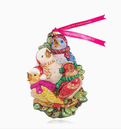 Jay Strongwater Four Calling Birds 12 Days of Christmas glass ornament with four colorful jeweled birds and green holly branches