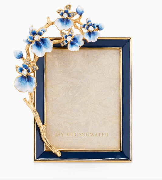 Jay Strongwater Kelsey Orchid 3x4 Frame in Delft Garden with blue hand-painted enamel, 14K gold finish and Swarovski crystals