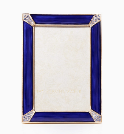 Jay Strongwater Lavinia 4x6 Frame in Delft Garden with deep blue enamel, 14K gold finish and European crystal corners