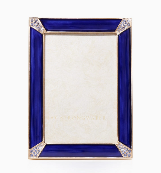 Jay Strongwater Lavinia 4x6 Frame in Delft Garden with deep blue enamel, 14K gold finish and European crystal corners
